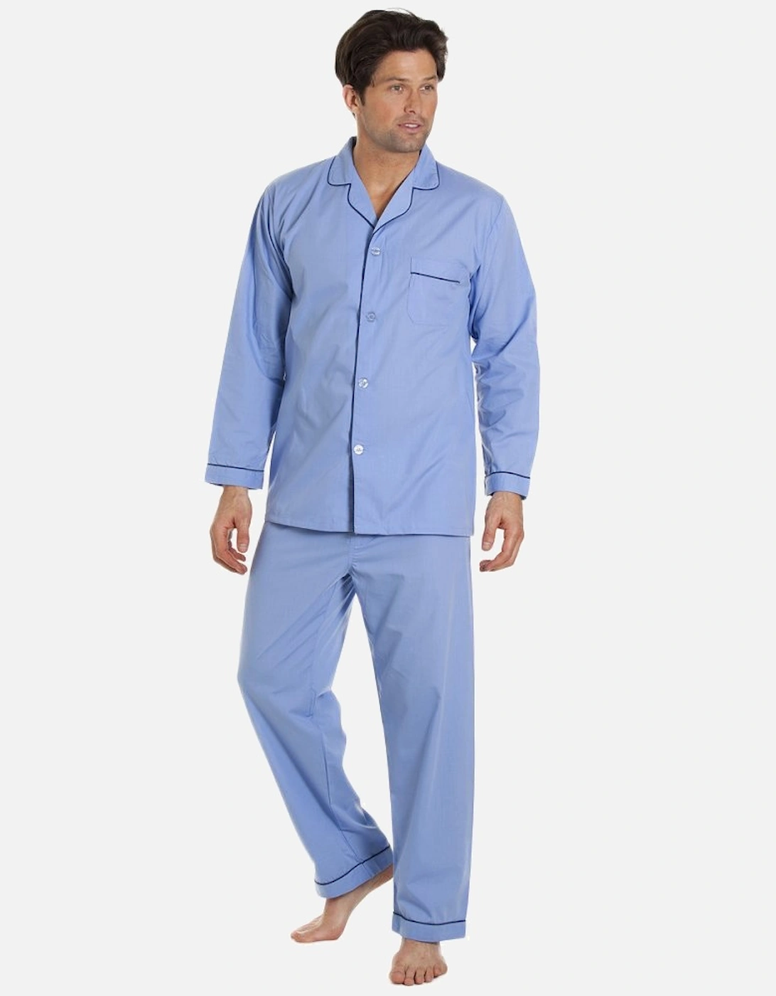 Mens Classic Style Blue Full Length Cotton Blend Pyjama Set, 2 of 1