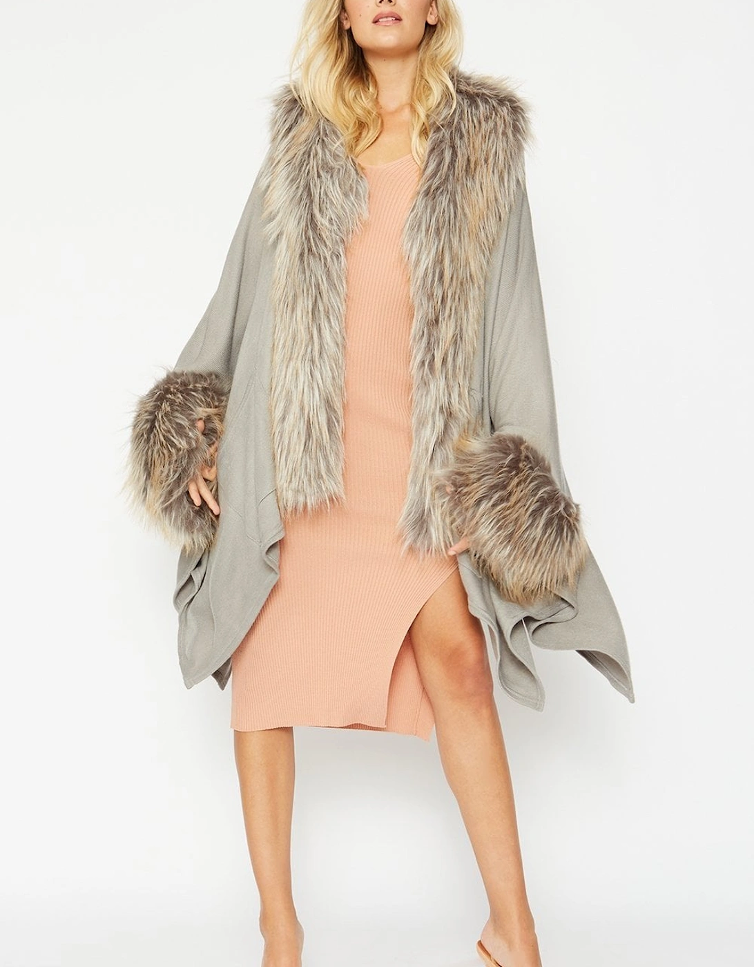 Grey Knitted Luxury Faux Fur Cape