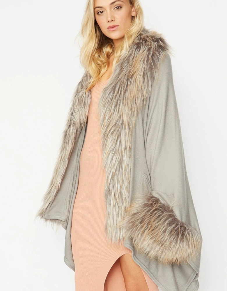 Grey Knitted Luxury Faux Fur Cape