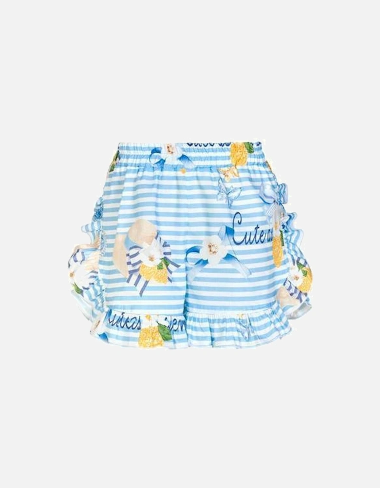 Girls Blue Frill Stripe Shorts