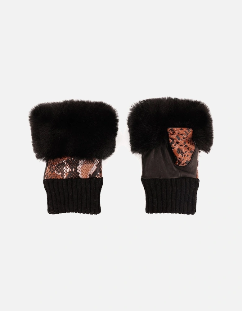 Brown Snakeprint Fingerless Gloves with Faux Fur Trim