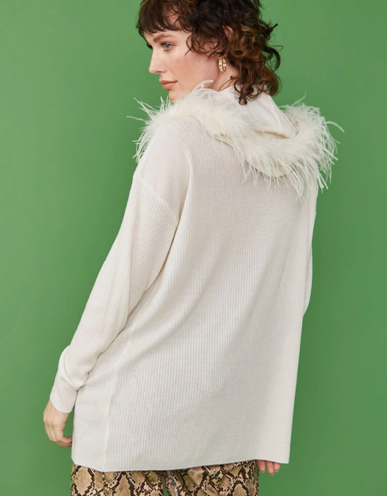 Cream Cashmere Blend Hooded Jumper with Feathered Hood