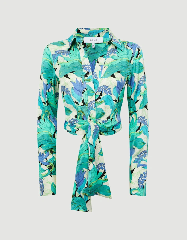 Floral Print Tie Front Cropped Blouse