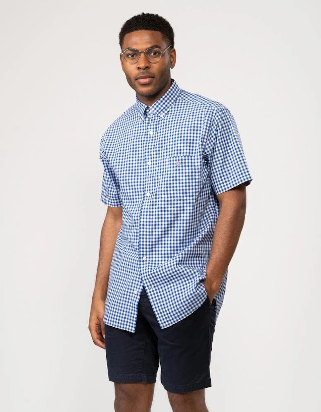 Men's GANT Mens Regular Fit Short Sleeve Poplin Gingham Shirt - College Blue - Size: 38/Regular