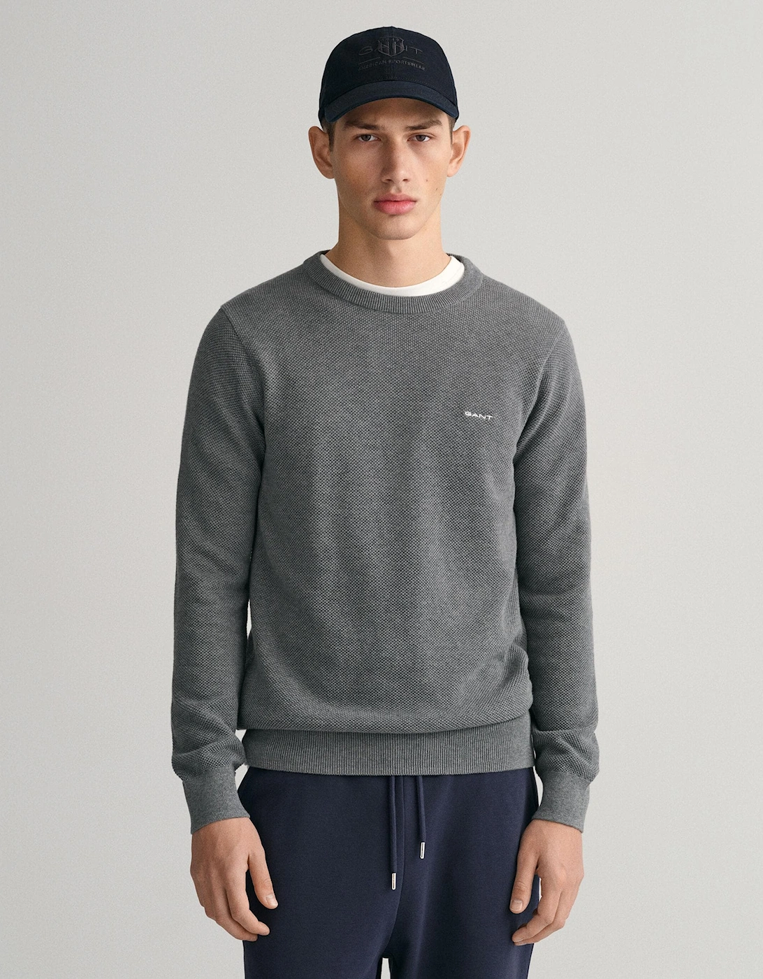 Men's GANT Mens Cotton Pique Crew Neck Jumper - Grey - Size: 38/Regular