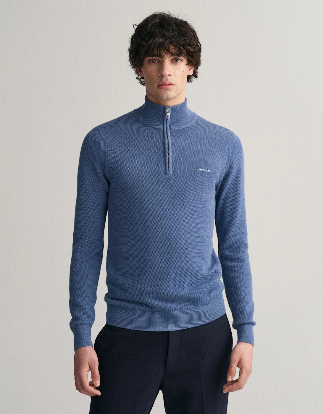Men's GANT Mens Cotton Pique Half Zip Jumper - Denim Blue Mel - Size: 40/Regular