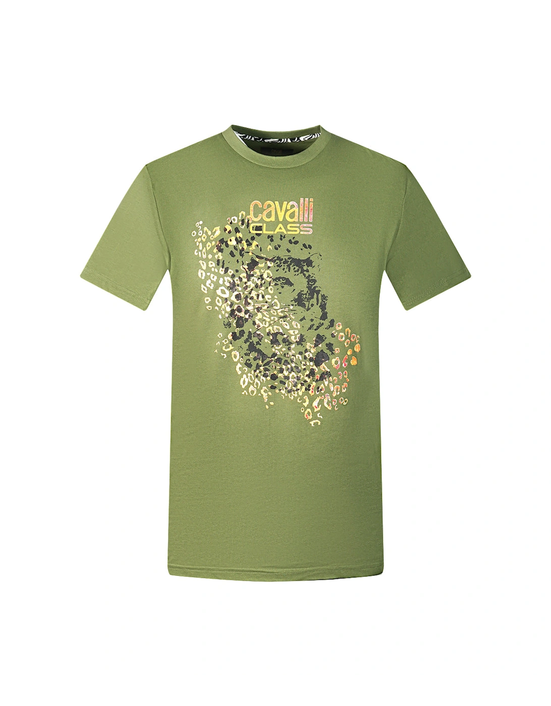 Men's Cavalli Class Leopard Print Silhouette Green T-Shirt - Size: 44/Regular