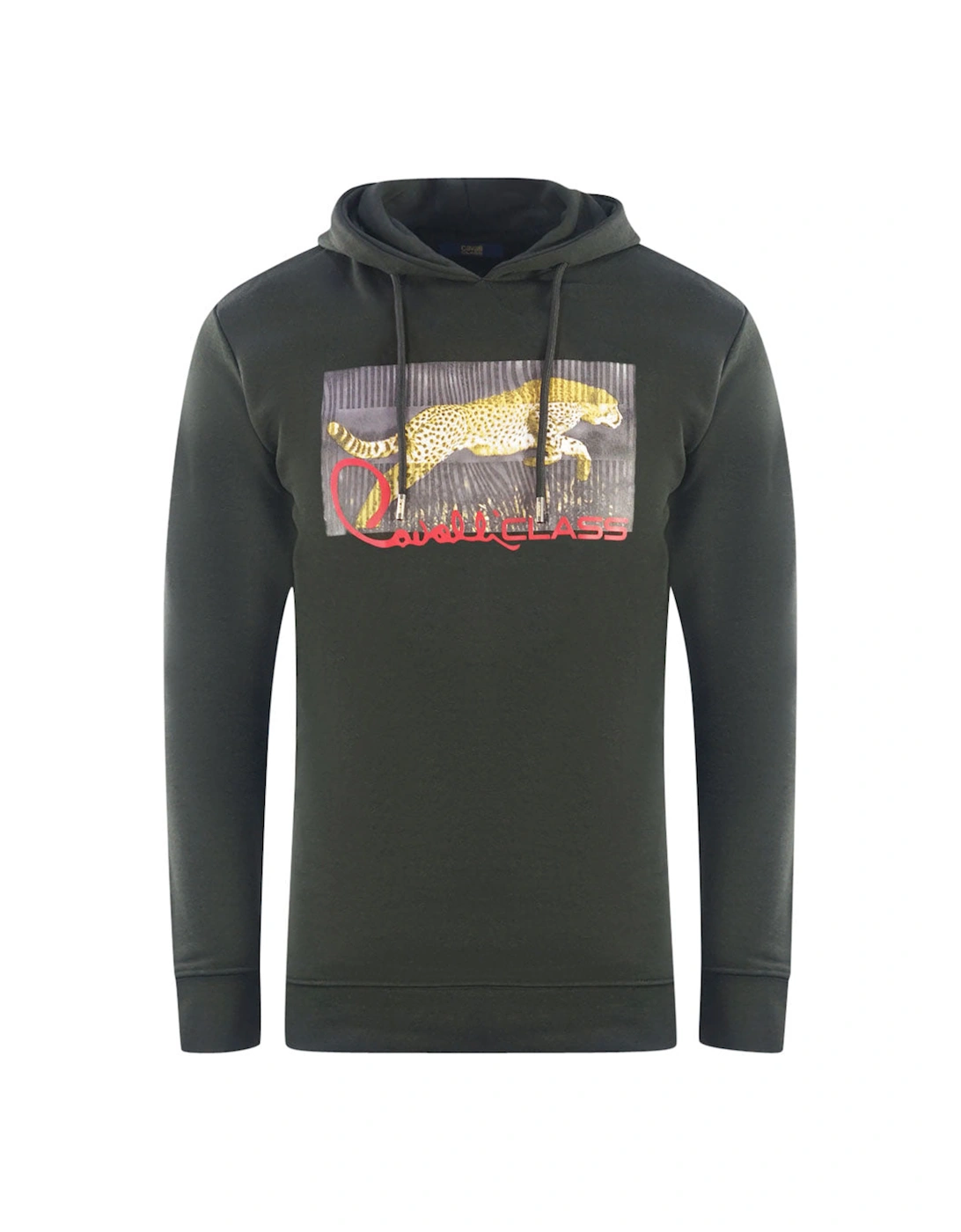 Men's Cavalli Class Sprinting Leopard Logo Black Hoodie - Size: 44/Regular