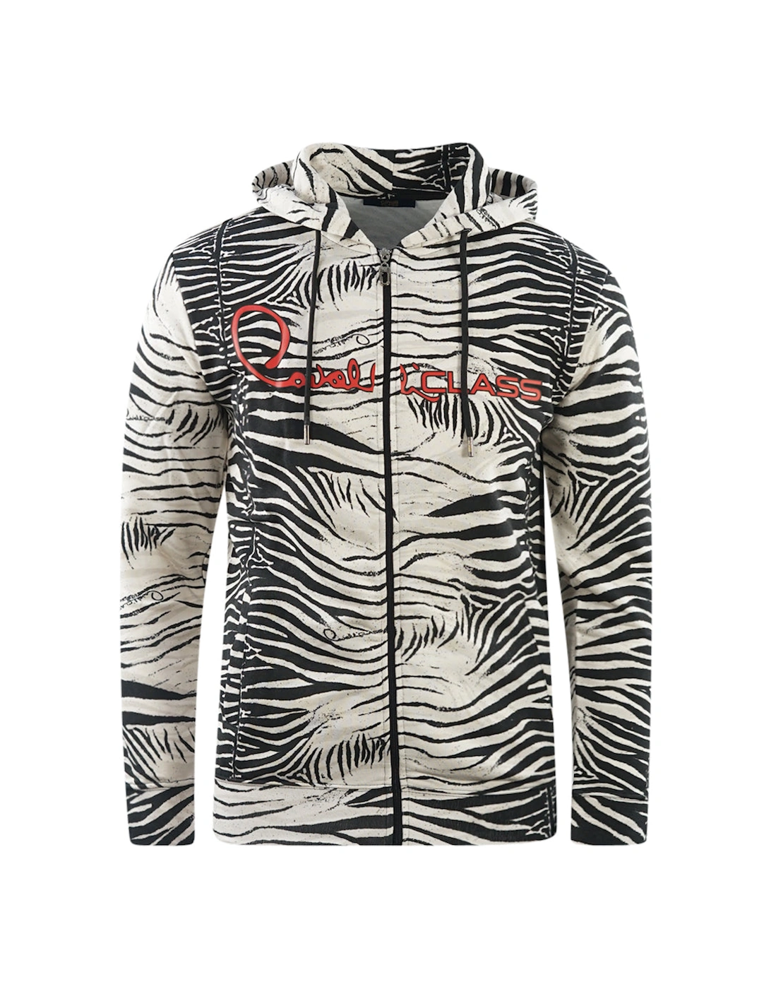Men's Cavalli Class Zebra Print Zip-Up Black Hoodie - Size: 42/Regular