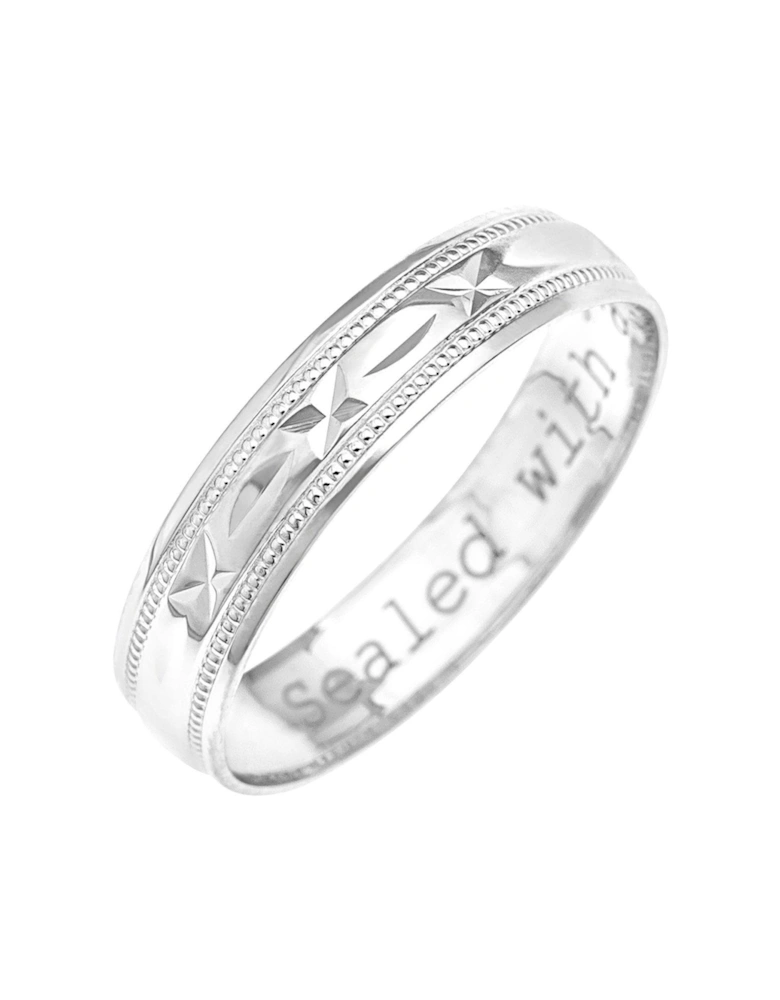 9ct White Gold Diamond Cut 4mm Wedding Band With Message 'Sealed With A Kiss'