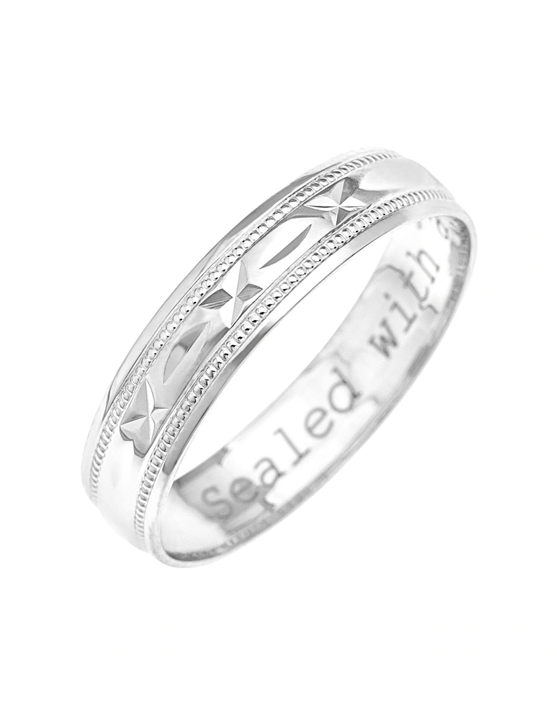 9ct White Gold Diamond Cut 4mm Wedding Band With Message 'Sealed With A Kiss', 2 of 1